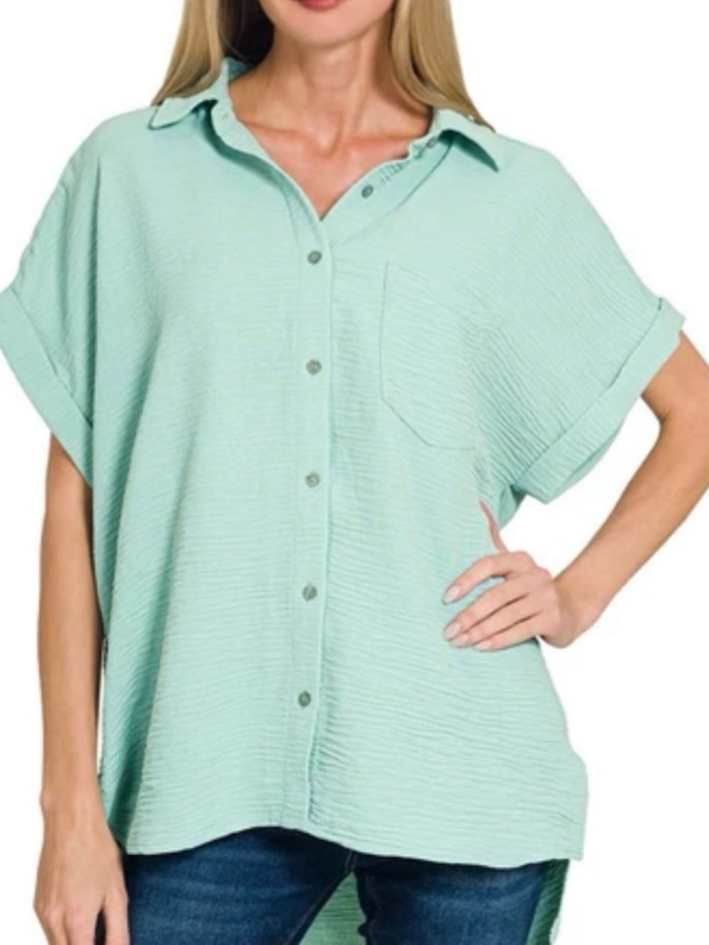 Zenana Outfitters Light Sage Button-Front Short Sleeve Shirt